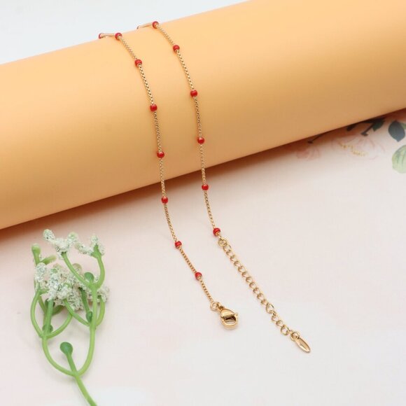 "Rose Gold Dainty Red Bead Necklace with Adjustable Chain, XPNL0274 - Picture 11 of 12